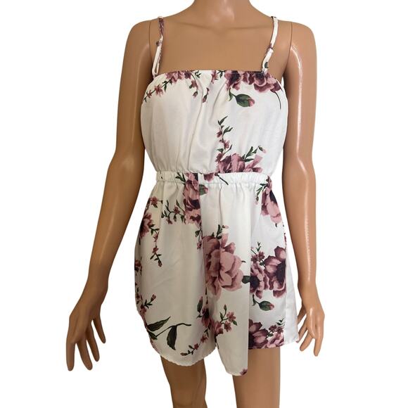 Floral romper white pink back self tie elastic waist lightweight SZ 1XL Summer - Picture 4 of 7
